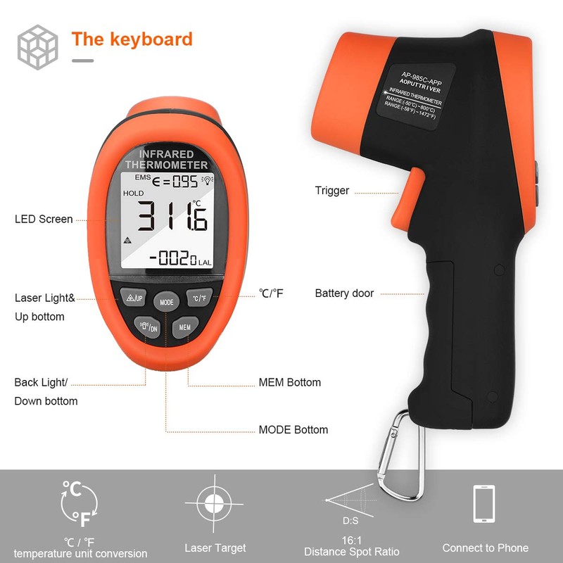 Infrared Thermometer, AP-985C-APP IR Thermometer Range -50℃～800℃, D:S=16:1, Non-Contact Gun,