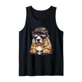 Groundhog Day Birthday Groundhog With Camo Hat & Sunglasses Tank Top
