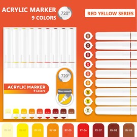 Yolaka Water Based Acrylic Paint Markers, 9 Colors Acrylic Paint Pens Set with Soft Brush Tip, Marker Pen for Rock Painting, Egg, Wood, Glass, Paper, Mugs, Acrylic Painter Ink (Red Yellow Series)