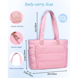 BISKLNDN Nylon Puffer Tote Bag for Women with Zipper Closure - Quilted Handbag with Water Bottle Pocket, Large Puffy Shoulder Bag for Work, Travel, Gym, School, Laptop & Essentials，Pink
