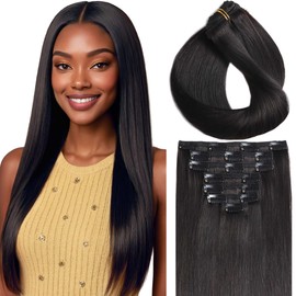 Anrosa Straight Clip In Hair Extensions for Black Women 14 Inch Real Human Hair Seamless Clip ins Natural Black #1B 120g