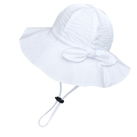 Seersucker Sun Hat Bow for Baby Girl Kids Little Summer Wider Brim Hats Beach Floppy Bucket Cap White UPF 50+ Protection