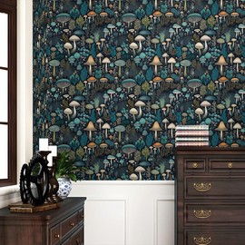 REDAMANCY Green/Blue/White Mystic Vintage Mushroom Forest Plants Peel and Stick Wallpaper Stick on Contact Paper Wall Paper Easy Peel Off for nightstand Drawer Cabinet Renter