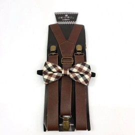 coool Plaid Pattern Bow Tie Brown Leather Suspender Tuxedo Wedding Accessories for Men
