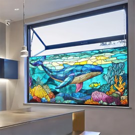BlissYard Window Privacy Film Stained Glass Window Decorations 39.3×17.7 Inchs Ocean Scene Pattern Non-Adhesive Static Cling Glass Covering Sticker for Home Office Bathroom and Living Room