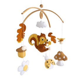 VN3BTOY Woodland Nursery Mobile, Felt Squirrel with Mushrooms, Acorns, Leaves and Cloud, Baby Crib Mobile, Forest Theme Hanging Decor