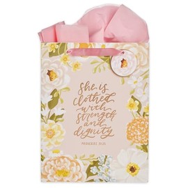 Christian Art Gifts Large Portrait Inspirational Scripture Gift Bag, Tag & Wrapping Tissue Paper Set for Women: Strength & Dignity Encouraging Bible Verse, Satin Ribbon Handles, Pink Multicolor Floral