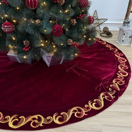 72-Inch Burgundy Velvet Christmas Tree Skirt with Golden Swirl Embroidery, Foam-Padded, Elegant Lace Tie Closures