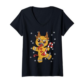 Gingerbread Man Krampus Christmas Pajama X-mas Candy Cane V-Neck T-Shirt