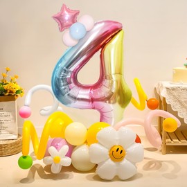40 Inch Giant Rainbow Number 4 Balloons, Birthday Balloons, Helium Mylar Foil Big Number Balloons for Birthday Party Decorations, Kids' Birthday Anniversary Party Baby Shower Unicorn Parties