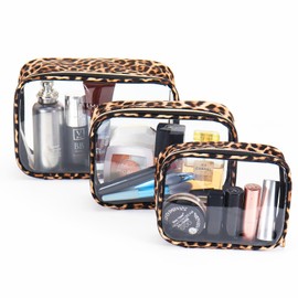 Froxique 3 Size Clear Toiletry Bags for Traveling Women,TSA Approved Makeup Bag with Gold Zipper, PVC Tote Cosmetic Bags for Airport Airline,Waterproof and Portable(Leopard Print 3 Pack)