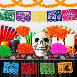95Pcs Day of The Dead Decorations Set,50 Marigold Flower with Stem,32 Butterfly,4 Garland,Mexican Party Banner，7 flower balls ,1 Table Runner,for Dia de Los Muertos Decor Indian Diwali Altar Decor