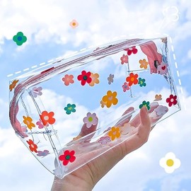 Clear Flower Print Mesh Cosmetic Bag, PVC Material, 7.5 x 4 inches