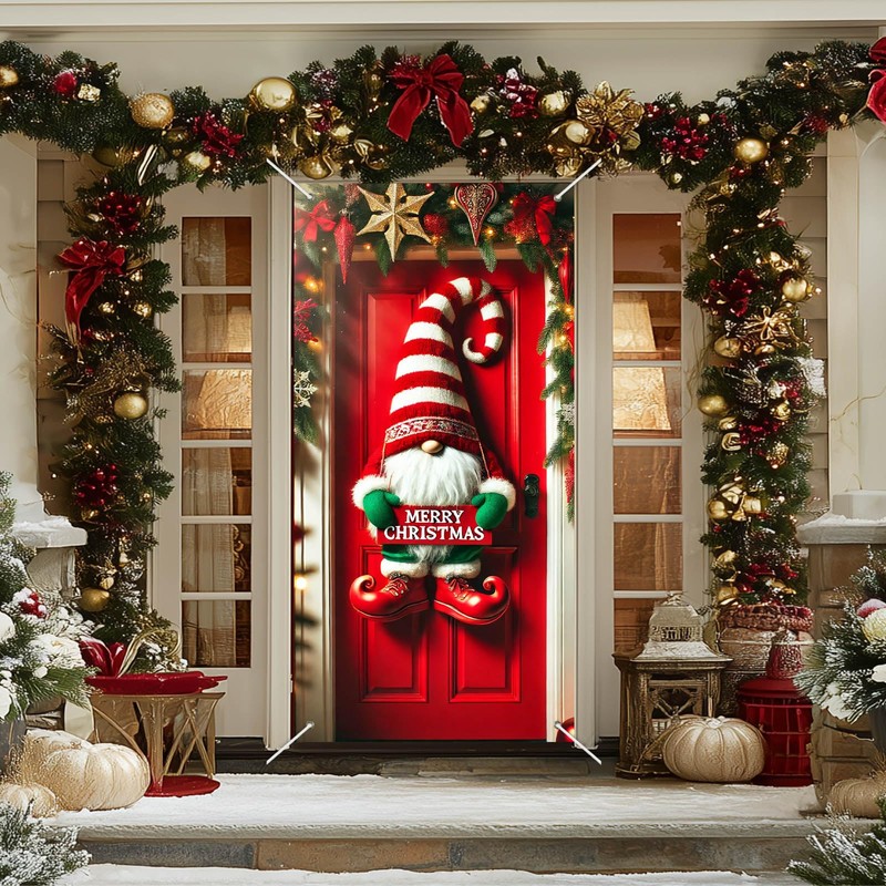 Christmas Door Cover Gnome Stripes 35x71 Inch Polyester