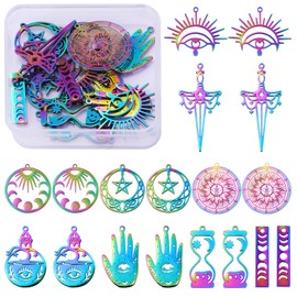 LEGENTLISUR 18Pcs 9 Styles Witchy Charms Pendants Mushroom Snake Moon Phase Tarot Multi-Color Stainless Steel Charms Rainbow Metal Pendants for DIY Jewelry Making Supplies