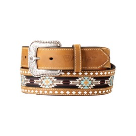 ARIAT Men's Leather Belt with Southwest Fabric Inlay and Diamond Lacing, Tapered, Brown, 40
