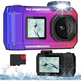 4K 33FT Digital Camera, 48MP Underwater Camera Waterproof Rugged Dustproof Shockproof for Snorkeling Diving, Selfie Dual-Screen Point and Shoot Digital Camera with 32G Card (Gradient Purple)