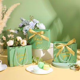 Jetec 15 Pcs Mini Paper Gift Bags Bulk 5.5x4.7x2.5'' Small Thank You Gift Candy Bag with Handle Party Favor Gift Bags with Bow Ribbon for Wedding Baby Bridal Shower Graduation Party Favor(Green)