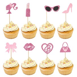 Maxqzin 24 PCS Hot Pink Cupcake Toppers Princess Cupcake Toppers Glitter Princess Cupcake Topper with Heart, Bow, Lip, Handbag, Lipstick, Glasses, Lady, High Heel for Princess Wedding Shower Supplies
