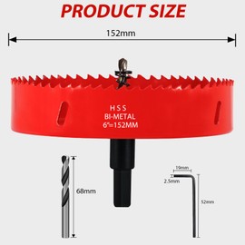 KACNON Hole Saw 152 mm, Universal High-Speed Steel HSS M42 Bi-Metal Hole Saws with Hex Shank and Drill, Complete Sizes, for Wood, Plastic, Plasterboard, Sheet Metal, Red
