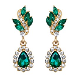 EleQueen Women's Austrian Crystal Art Deco Tear Drop Dangle Earrings Clip-on Gold-tone Emerald Color