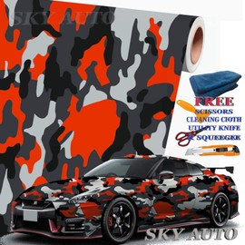 Sky Auto INC Orange Black White Gray Camouflage Vinyl Car Wrap Film Sheet + Free Cutter, Cleaning Cloth, Scissors & Squeegee (4" x 8" (Sample Size))