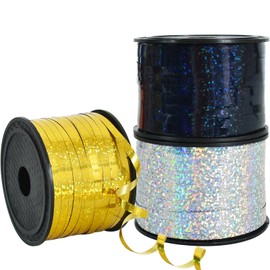 BEISHIDA 3 Pack 100 Yards Gold Silver Black Curling Crimped Glitter Ribbon Balloon String Shiny Metallic Gift Wrapping Ribbon for 2026 Happy New Year Graduation Retirement Birthday Party Decoration