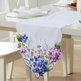 Newbridge Lilac Hydrangeas Embroidered Table Runner, Wrinkle Free, Stain Resistant Fabric Cutwork Table Runner for Indoor Outdoor Dining and Parties
