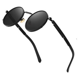 GYsnail Make the world clear Round Steampunk Sunglasses Men, Circle Metal Frame, Fashion Hippie Women Shades (Black,Black)