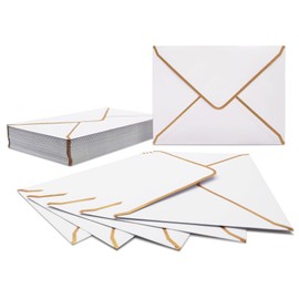 Pack of 50 Invitation Envelopes, White Luxury Envelopes, 18.5 x 13.5 cm, Miniature Envelopes, 5 x 7 Inch Envelopes with V-Flap, Envelopes, Gold Foil Edge for Weddings, Invitations, Party, Greeting