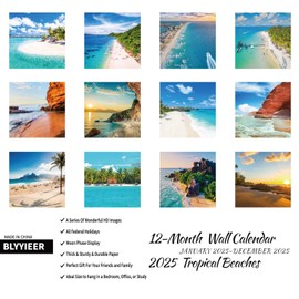 2025 Wall Calendar Tropical Beaches, Hangable Tropic BEACH Calendars, 12" x 24" Opened, Thick Glossy Paper, Wall Calendar 2025, Home and Office Organizer