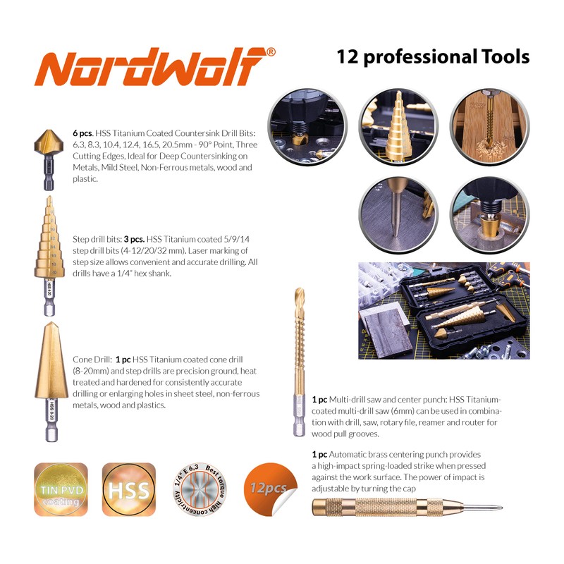 NordWolf 12-Piece HSS Titanium Metric Step, Countersink, Cone Drills with