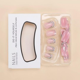 LPOODDNU French Tip Press on Nails with Crystal Rhinestone Designs Glossy Pink Fake Nails Medium Square Glue on Nails 3D Acrylic Nails Press on DIY Artificial Nail Set for Women Manicure, 24Pcs