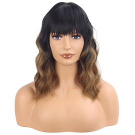 Short Brown Wavy Bob Wig with Bangs Ombre Brown Curly Wavy Wigs for Women Synthetic Shoulder Length Water Wave Wig Heat Resistant Wig for Daily Party Use