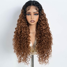 Rebecca Q Lace Front Wig Ombre Brown Long Deep Wave Curly Wigs for Women Synthetic Natural Crimps Curls Lace Frontal Wig 24 Inches T-Part Preplucked Hairline Wig with Baby Hair