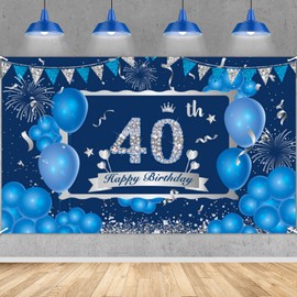 Blue 40th Birthday Decorations Banner for Men, Navy Blue Silver Happy 40th Birthday Banner Backdrop, Large Blue 40th Birthday Banner for 40th Birthday Party Decorations Supplies 72.8 x 43.3Inch