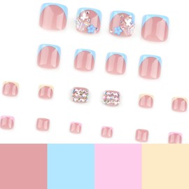 French Tip Toe Press on Nails Short Square Toe Nail Press ons with Flower Butterfly Nail Charms Designs Rhinestone Press on Toenails for Women Sparkle Fake Toe Nails for Pedicure Decorations 24 Pcs