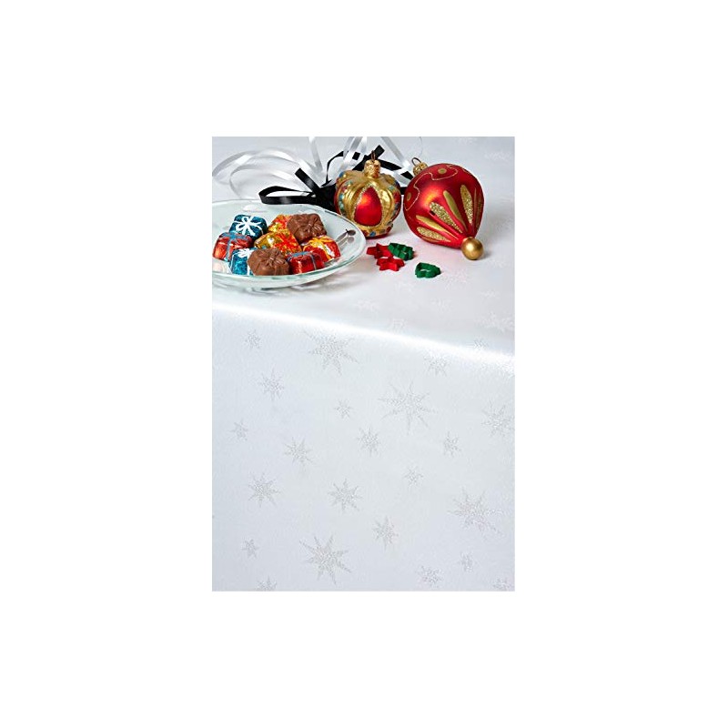 Diana Cowpe WHITE CHRISTMAS SEASONAL STAR PATTERN TABLECLOTH Metallic Silver