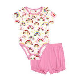 DREAMHALO Baby Girl Clothes Ruffle Romper with Bloomer Shorts Set 2 Pcs Infant Bodysuit Cool Outfits,Viscose Made from Bamboo, Rainbow, 3-6 Months