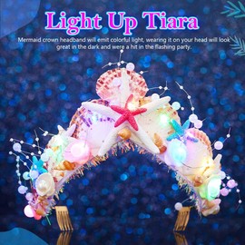 JAKAWIN Light Up Starfish Tiara Silver Mermaid Costume Crown for Women