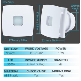 4inch Wall Mounted Fan, 55CFM Bathroom Exhaust Fan w/Check Valve, US Cord, LED for Kitchen, Toilet, Garage, Attics