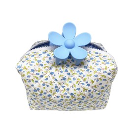 Aikeis Quilted Cosmetic Bag, Elegant Flower Cosmetic Bag, Soft Cotton Material, Stylish Portable Toiletry Bag, Makeup Brush and Beauty Tool Cosmetic Bag, Plaid Lining (Blue), blue, Pastoral Fneg'ge