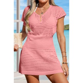 MEESHEEP Women Crochet Swim Cover Up Short Sleeve V Neck Bathing Suit Beach Dress Summer Swimwear Coverups Pink