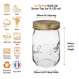 Le Parfait Screw Top Jar Wide Mouth French Glass Jar | Ideal for Food and Soup Storage, Canning, Flour, Brown Sugar, and other Baking Supplies (1L/32oz, Single, Gold)