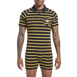 Landofgenie Mens Short Sleeve Romper Onesie One Piece Stripe Pajamas with Polo Collar Black 3XL