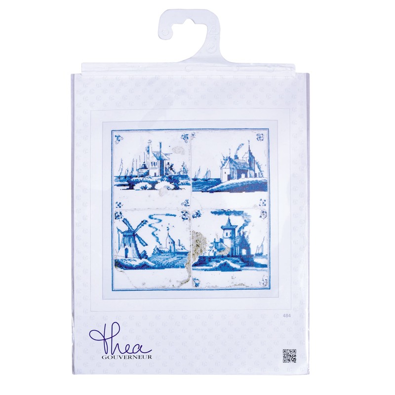 Thea Gouverneur 484A Delft Blue Antique Tiles on 18 Count