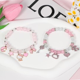 Cute Kitty Bracelet Stuff Crystal Bead Elastic Friendship Bracelets kawaii stuff bff bracelets for Women Girls Best Friend Sister Crystal Bead Cat Jewelry Gift for Birthday Christmas (Kawaii Stuff-C)