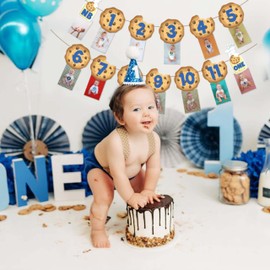 Cookies Milk Monthly Photo Banner, Cookies and Monster Theme Baby 12 Month Photo Prop Monthly Milestone Bunting Garland 1st Birthday Party Decoration