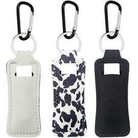KUKEANVO Chapsticks Holder Keychain for Lipstick, Lip Balm Keychain Holder with Clip, Stocking Stuffers for Women (3pcs-Cow Black & White)