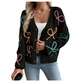 WDIRARA Women's Bow Button Down Cardigan V Neck Long Sleeve Drop Shoulder Knit Sweater Black Colorful Medium